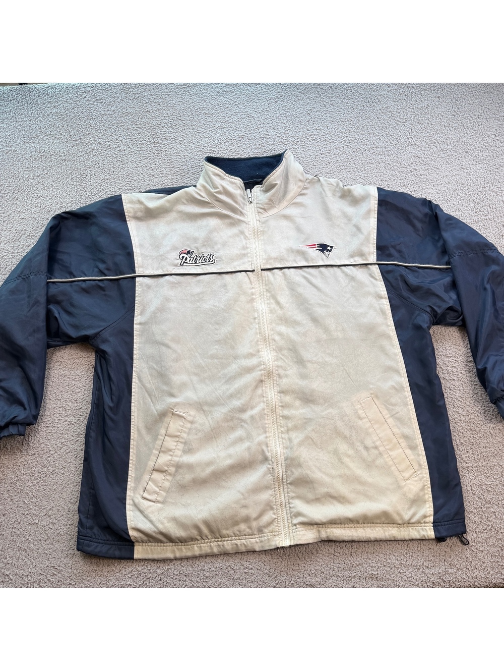 Vintage Reebok New England Patriots Jacket XL Navy Beige Fleece Lined Full Zip
